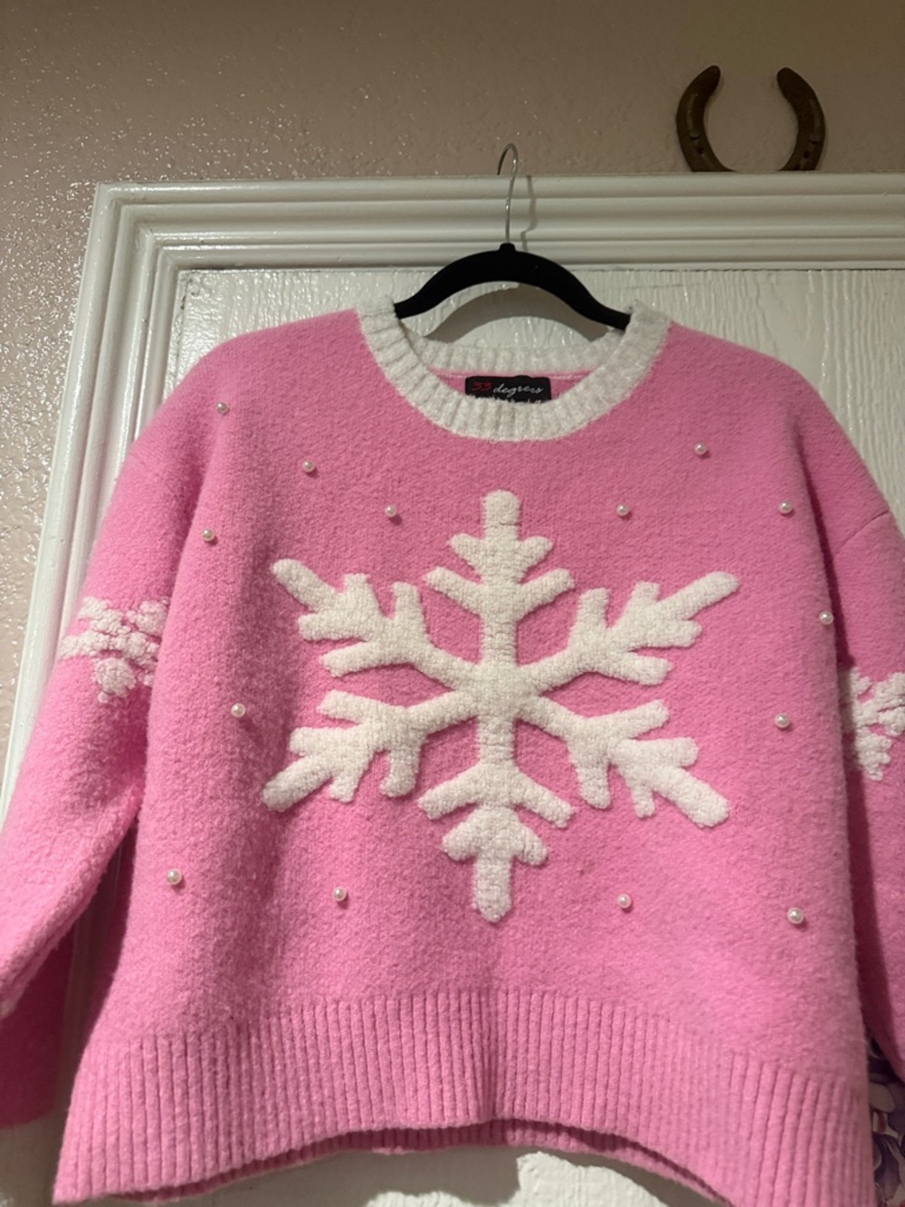 32 Degrees Pink Crewneck Sweater with White Snowflake and Pearl Accents - Picture 3 of 3